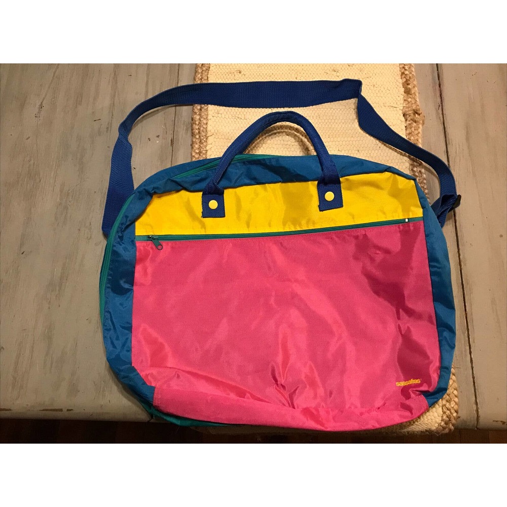 Vtg 90s Sassafras Pink Blue Green Yellow Colorblock Travel Overnight Bag